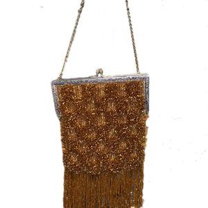 Antique 1920's Amber Cylinder Beaded Handbag Purse Metal Frame Chain Strap